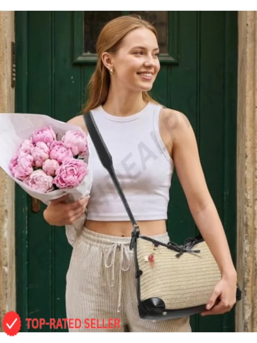 Handwoven Straw Hobo Shoulder Purse, Tote Handbag for Women - Vegan Faux PU